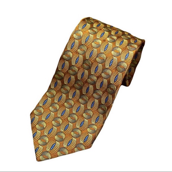 Ermenegildo Zegna Silk Tie Chunky Wide Made In Italy Yellow Gold Blue Geometric - Picture 8 of 8